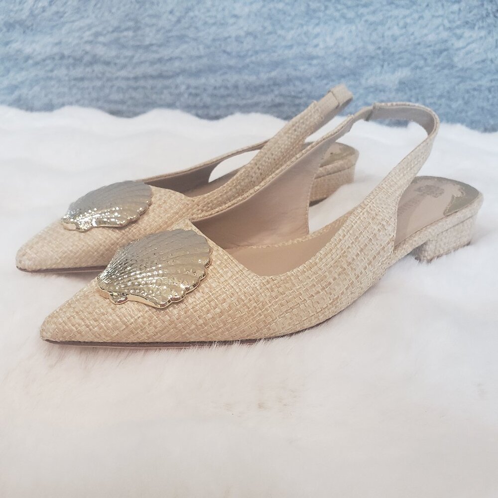 ANTONIO MELANI Beige Woven Slingback Flats with Gold Shell Accent
